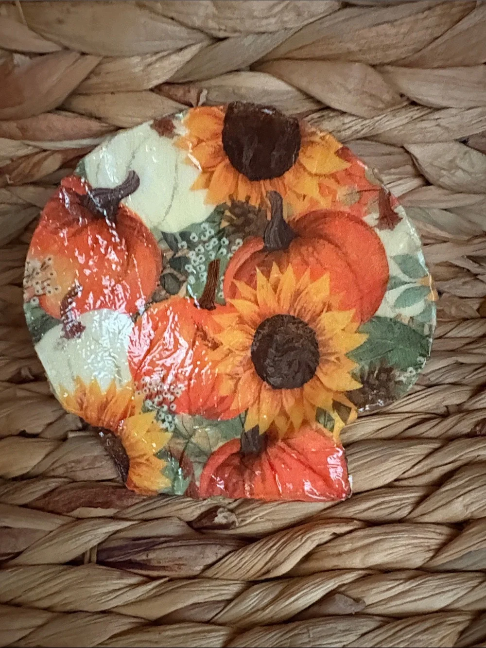 Autumn Pumpkin & Sunflower Decorative Shell Accent Plate - Orange, Yellow, Cream